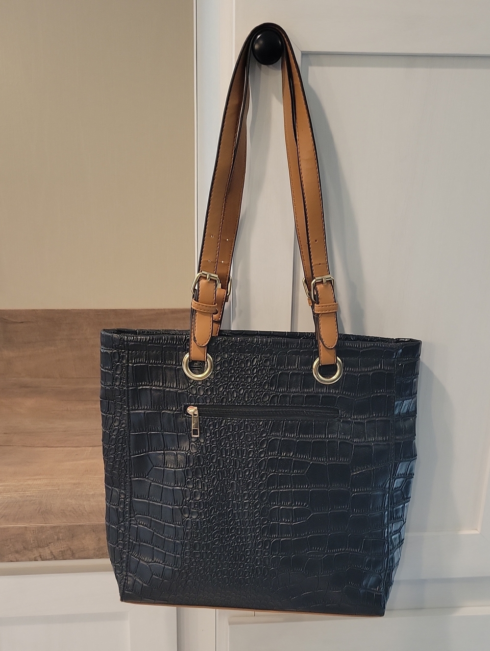 Black Croc-Embossed Tote with Tan Shoulder Straps